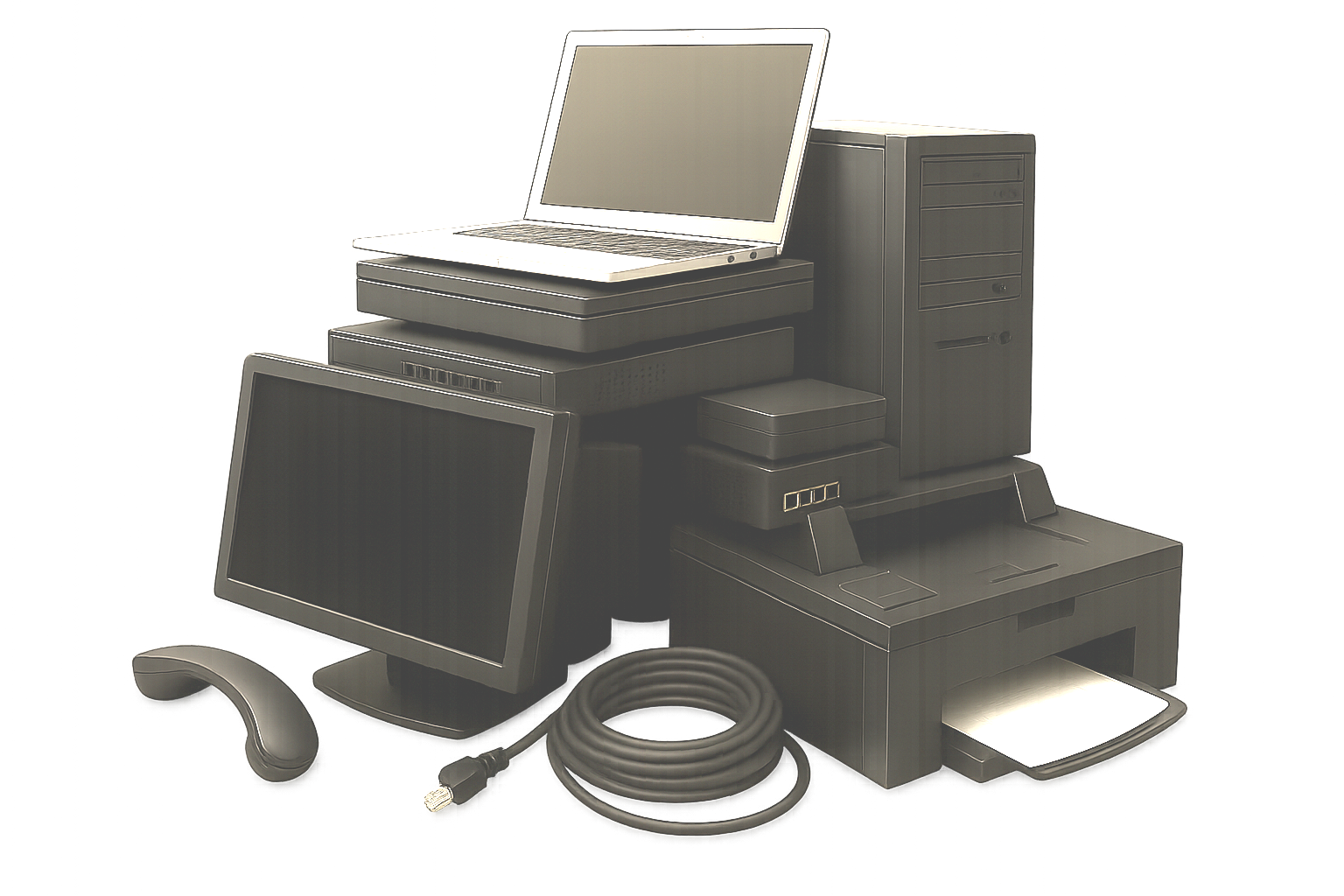 Stack of used IT equipment ready for recycling including laptops, monitors and computers